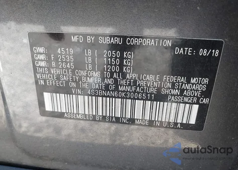 2019 Subaru Legacy 2.5I Limited from USA, damaged, VIN 4S3BNAN60K3006511